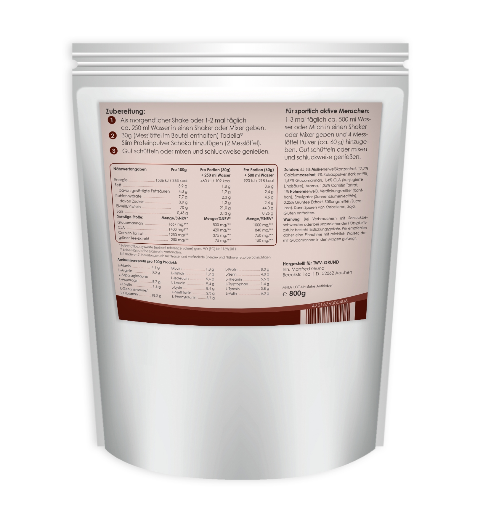 ✳️ Tadelia® Slim Proteinpulver Schoko 800 g | HCG Stoffwechselkur
