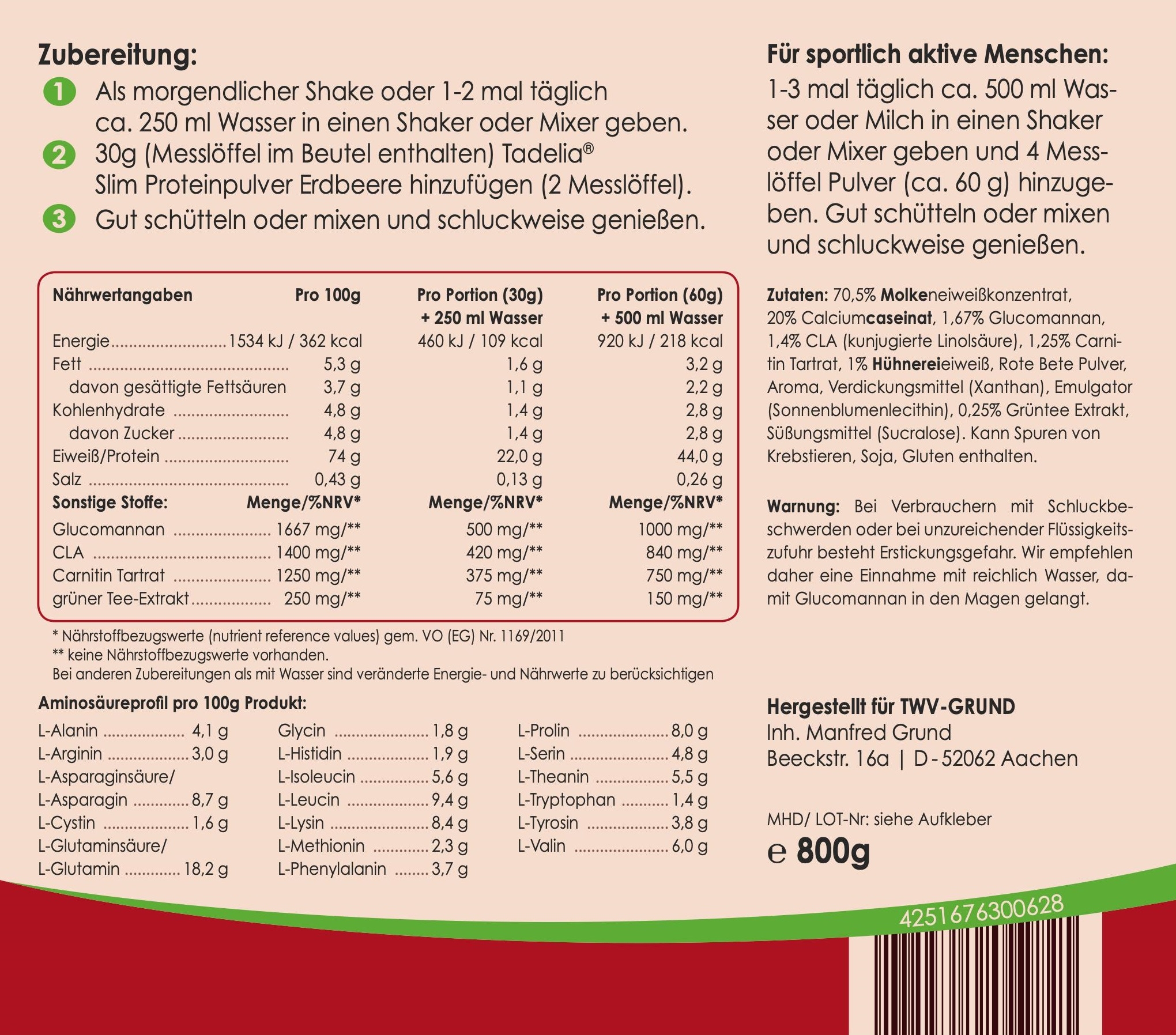 ✳️ Tadelia® Slim Proteinpulver Erdbeere 800 g | hCG Stoffwechselkur
