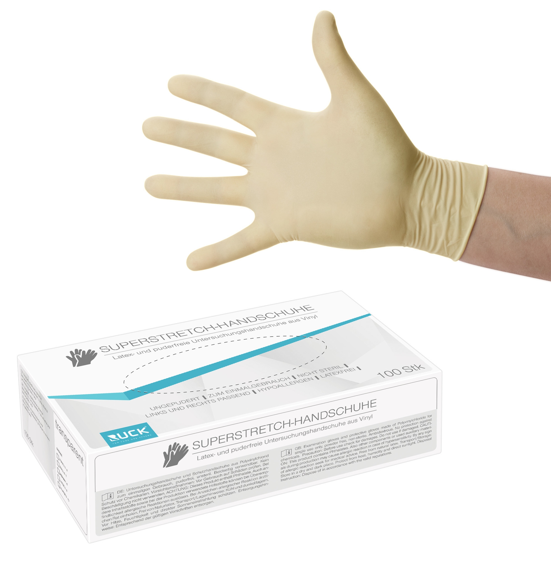RUCK Venyl-Superstretch-Einmalhandschuhe ungepudert | M mittel 100 Stück