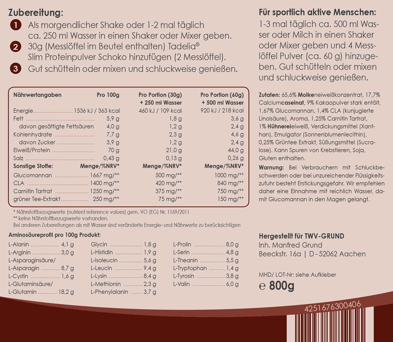 Tadelia® Slim Proteinpulver Schoko mit Tadelia hCG Stoffwechseldiätplan + Hormony Complex G B12 Tropfen