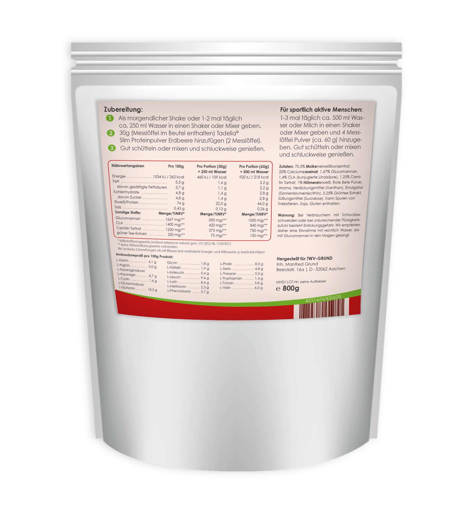 ✳️ Tadelia® Slim Proteinpulver Erdbeere 800 g | hCG Stoffwechselkur