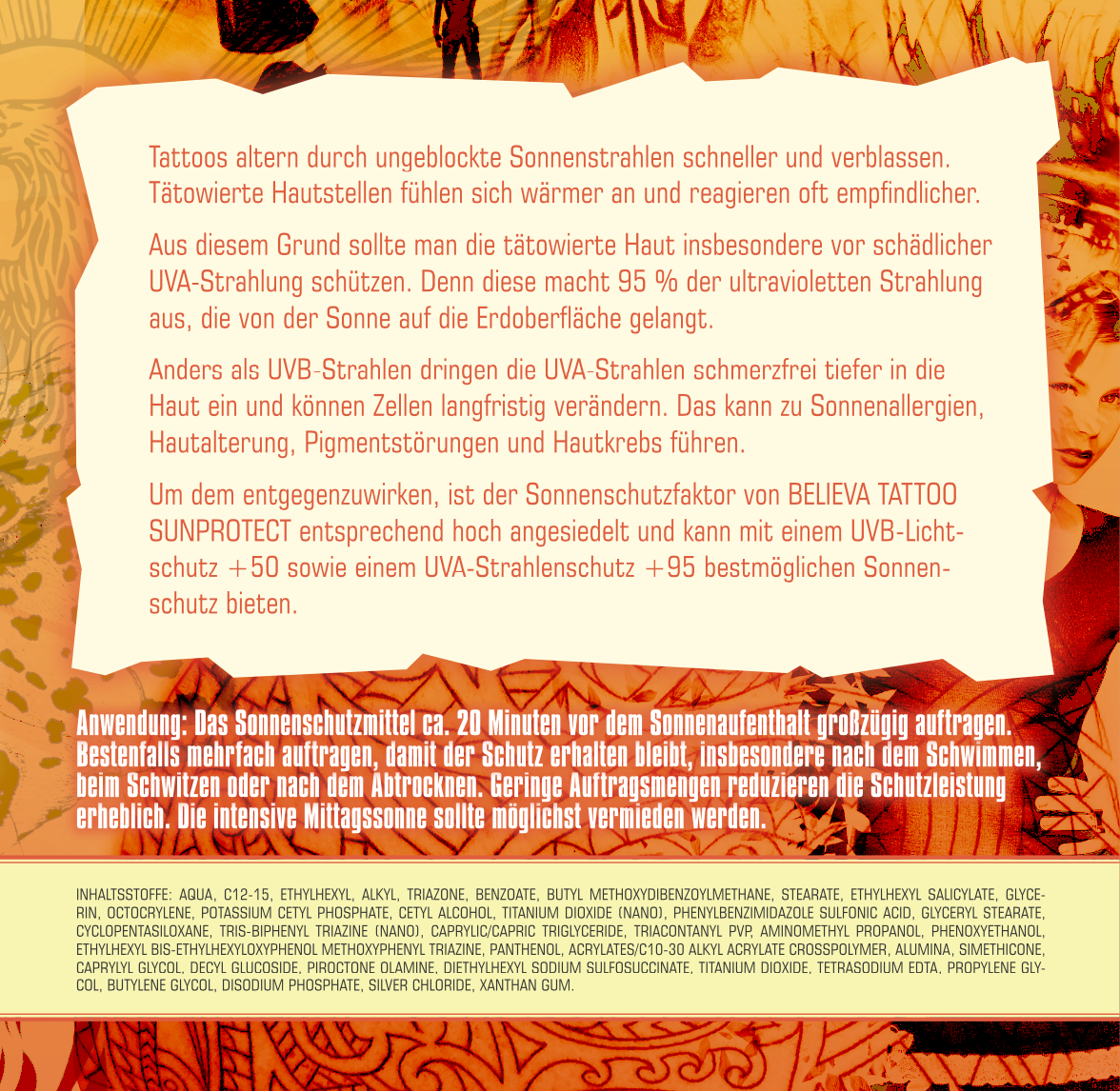 Believa Tattoo SunProtect Sonnencreme UVA +95 UVB +50 LSF/ SPF | 100 ml