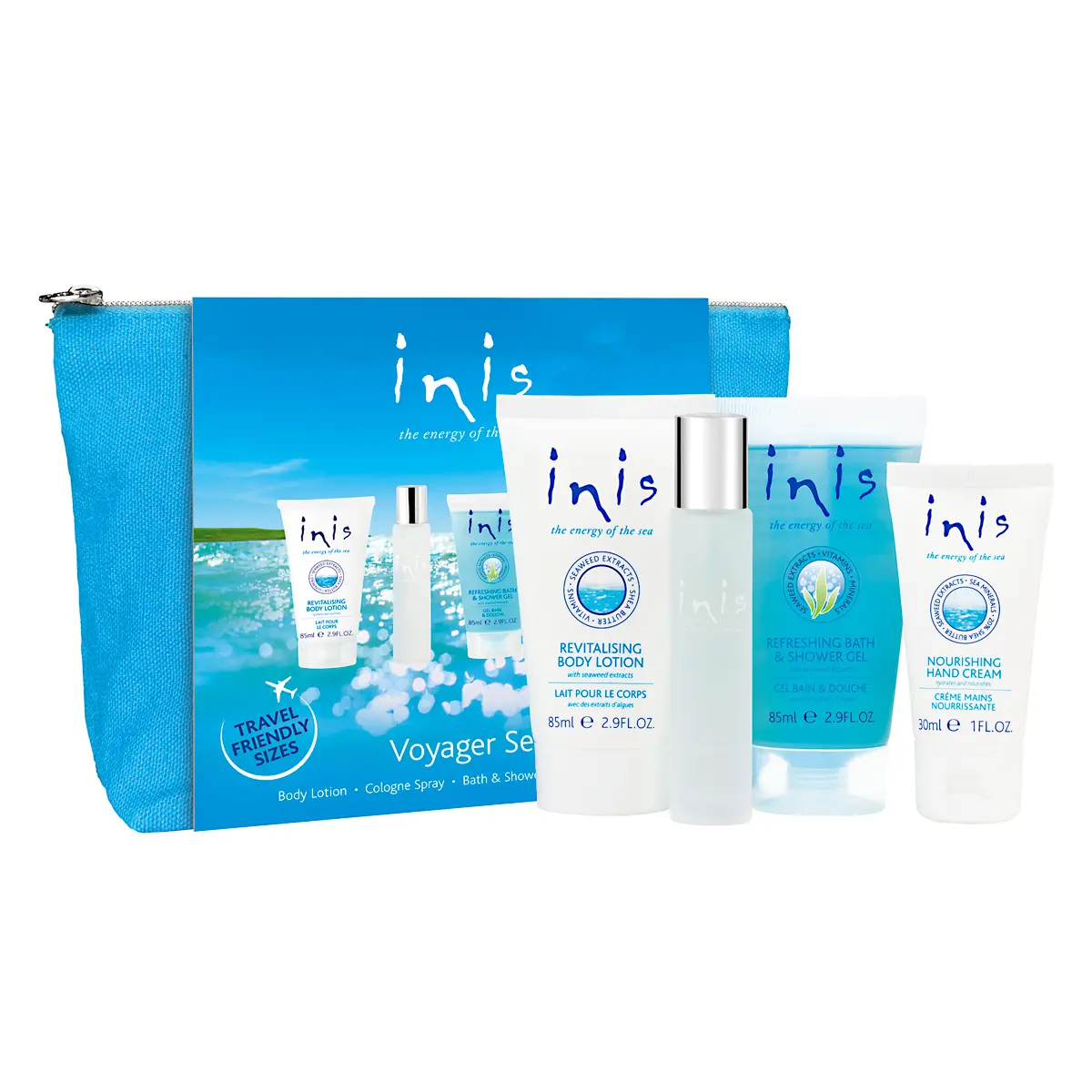 Inis Geschenkset für Reisende Eau de Cologne Sprühflasche 15 ml, Bodylotion 85 ml, Duschgel 85 ml und Handcreme 30 ml