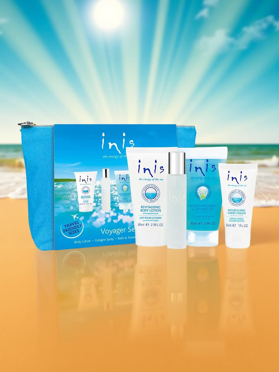 Inis Geschenkset für Reisende Eau de Cologne Sprühflasche 15 ml, Bodylotion 85 ml, Duschgel 85 ml und Handcreme 30 ml