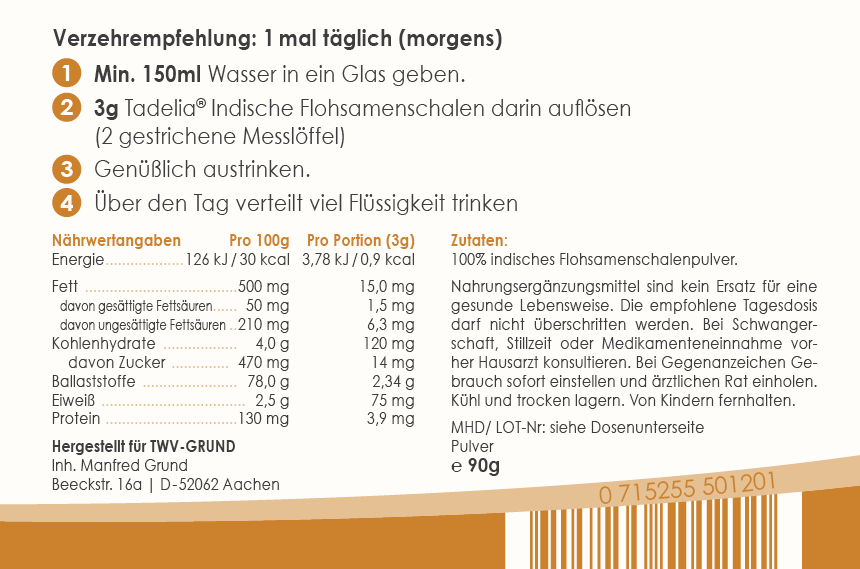 Tadelia® Indische Flohsamenschalen gemahlen mit Tadelia hCG Stoffwechseldiätplan + Hormony Complex G B12 Tropfen