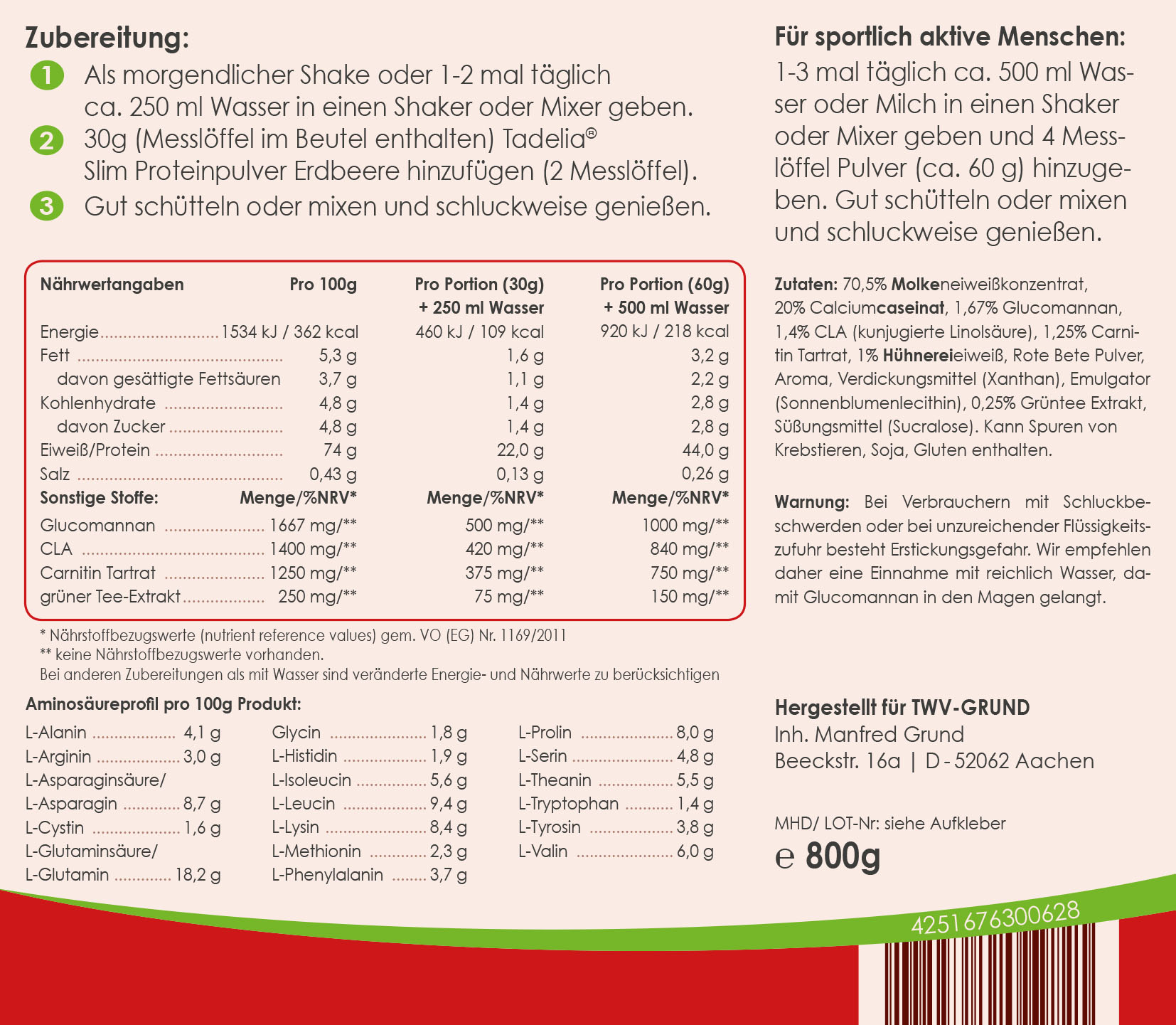 Tadelia® Slim Proteinpulver Erdbeere mit Tadelia hCG Stoffwechseldiätplan + Hormony Complex G B12 Tropfen