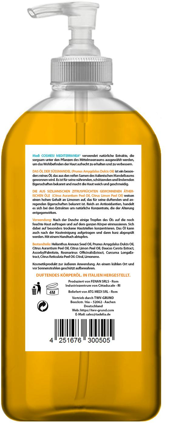 🔴 Tadelia® Mandel Körperöl mit ätherischen Ölen von sizilianischen Zitrusfrüchten 250 ml | Vegan