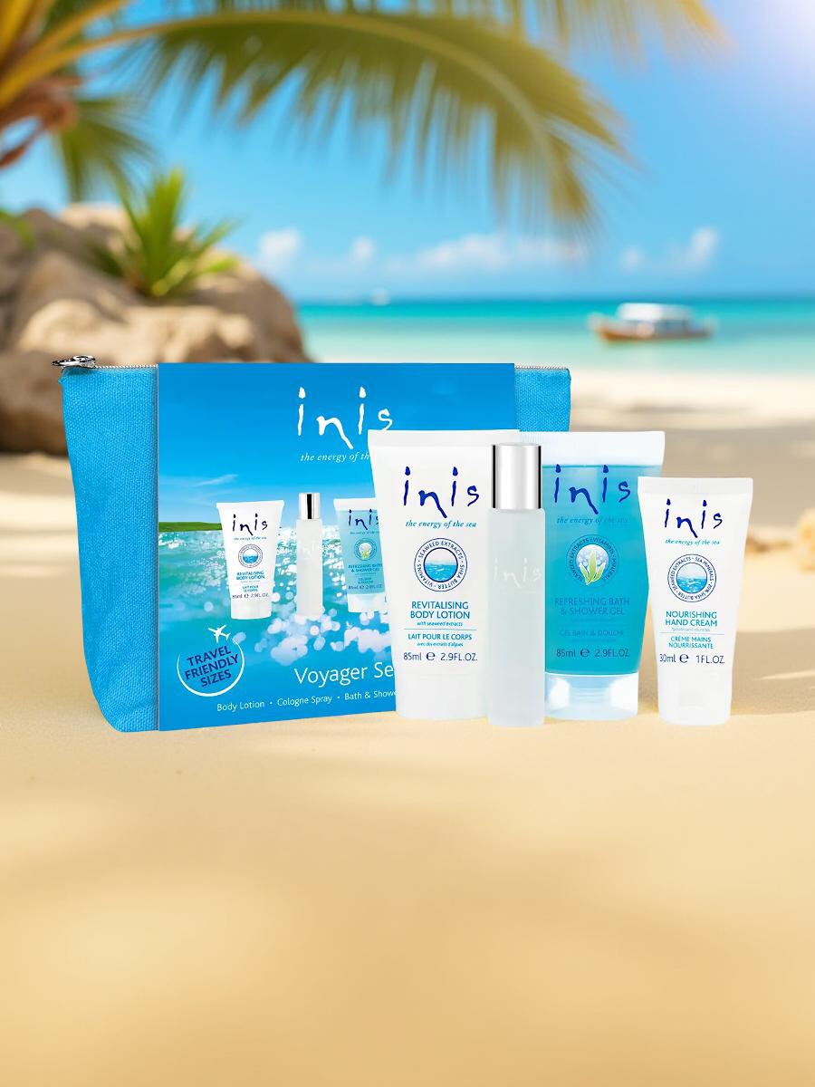 Inis Geschenkset für Reisende Eau de Cologne Sprühflasche 15 ml, Bodylotion 85 ml, Duschgel 85 ml und Handcreme 30 ml