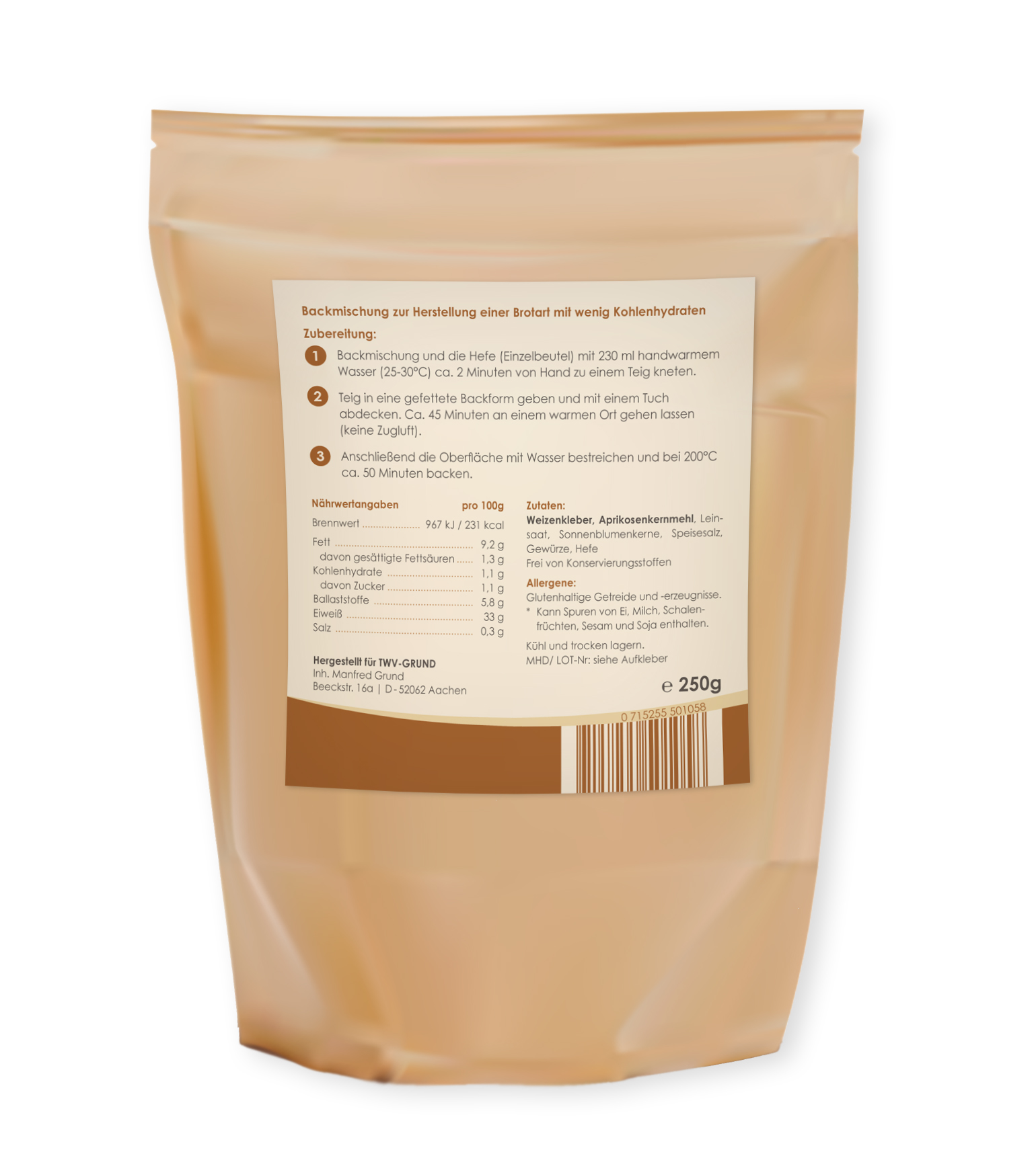 Tadelia® Low Carb Brotmischung Helles Brot mit Aprikosenkernmehl 250g | HCG Stoffwechselkur